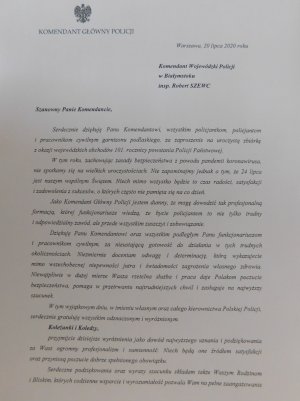 List Komendanta Głównego Policji gen. insp. Jarosława Szymczyka.