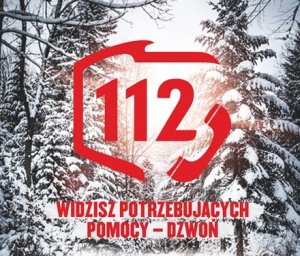 Plakat przedstawiający zimę z numerem alarmowym 112 i napisem: widzisz potrzebujących pomocy - zadzwoń!