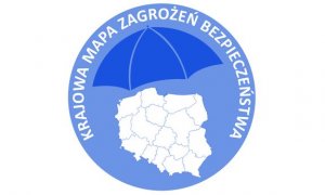 Mapka Polski w kolorze niebieskim. Wokół napis KRAJOWA MAPA ZAGROŻEŃ BEZPIECZEŃSTWA.