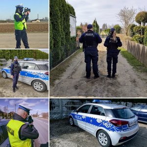 Kolarz z pięciu zdjęć. W lewym dolnym rogu policjanta w odblaskowej kamizelce podczas pomiaru prędkości, a w tle jezdnia oraz pole. Zdjęcie pod  przedstawia umundurowana policjantkę ogniwa patrolowo interwencyjnego, a za nią stojący radiowóz. W lewym dolnym rogu policjant stojący tyłem podczas pomiaru prędkości, a w tle jezdnia. W prawy górnym rogu dwoje policjantów podczas kontroli ogródków działkowych, w tle drzewa oraz krzewy. W prawym dolnym rogu stojący na parkingu oznakowany radiowóz, a w tle betonowy płot oraz tuje.