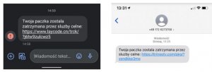 Z lewej strony screen wiadomości na czarnym tle sms z godziny 14:58 o teści &quot;Twoja paczka została zatrzymana przez służby celne: https://www.laycode.cn/trck/?j6hx9zalcwz5&quot;. z prawej strony screen z wiadomości sms z godziny 13:25 od numeru +491726273758 o treści &quot;https://tringotv.com/pkg/?xsndkkp3mg&quot;