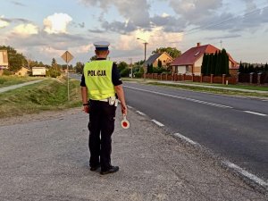 Policjant trzymający w dłoni tarcze do zatrzymywania pojazdów , w tle droga oraz zabudowania.