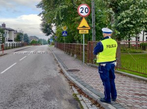 Policjant stojący na chodniku przed przejściem dla pieszych przy szkole.