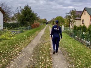 Umundurowana policjanta podczas patrolu ogródków działkowych.