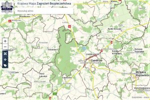 Mapa Zambrowa oraz pobliskich miejscowości. W lewym górnym rogu gwiazda policyjna oraz napis Krajowa Mapa Zagrożeń Bezpieczeństwa.