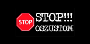 Na czarnym tle napis &quot;STOP OSZUSTOM&quot; oraz  lewej strony czerwony znak z napisem &quot;STOP&quot;.