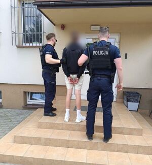 Policjanci podczas doprowadzanie osoby zatrzymanej, która ma kajdanki założone na ręce trzymanne  z tylu.